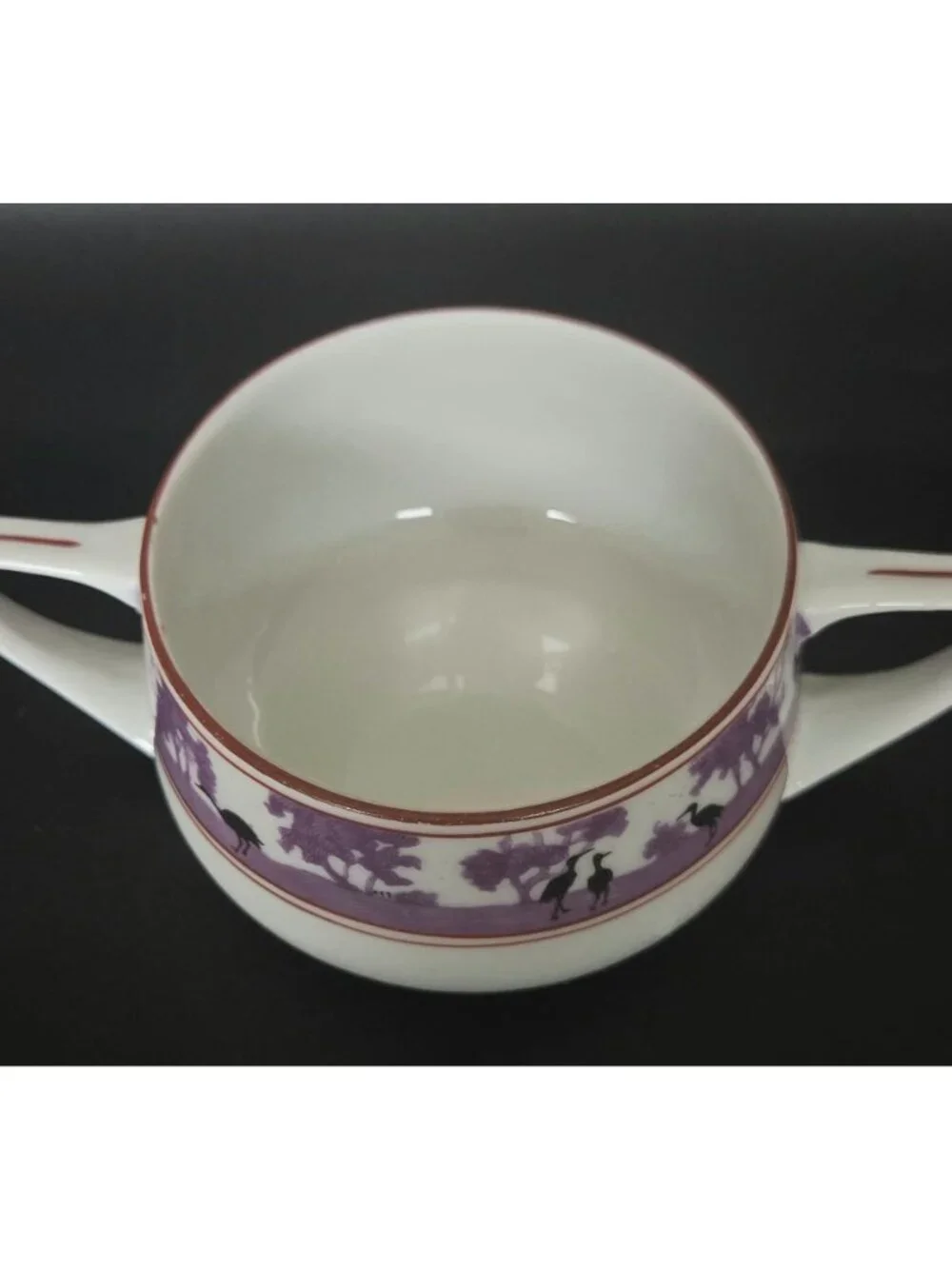 Epiag Czech Silhouette Purple Black Crane Double-Handled Porcelain Birds Bowl